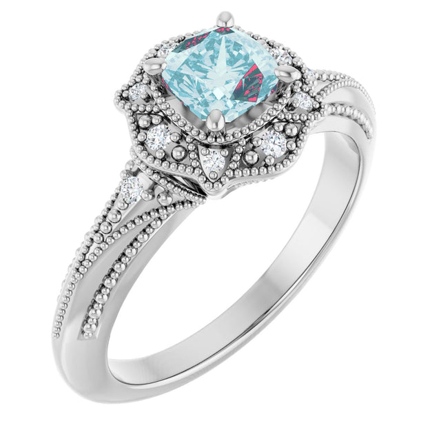 14K Gold Cushion Natural Sky Blue Topaz & Natural Diamond Vintage-Inspired Accented Ring
