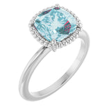 14K Gold Cushion Natural Sky Blue Topaz Beaded Solitaire Ring - White Gold