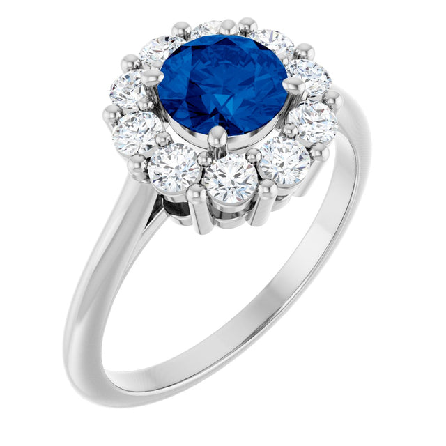 Platinum Round Natural Blue Sapphire & Natural Diamond Halo-Style Ring – 6mm Stones