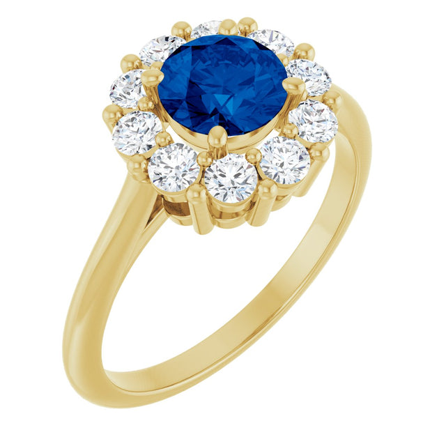 14K Gold Round Natural Blue Sapphire & Natural Diamond Halo-Style Ring – 6mm Stones - Yellow Gold