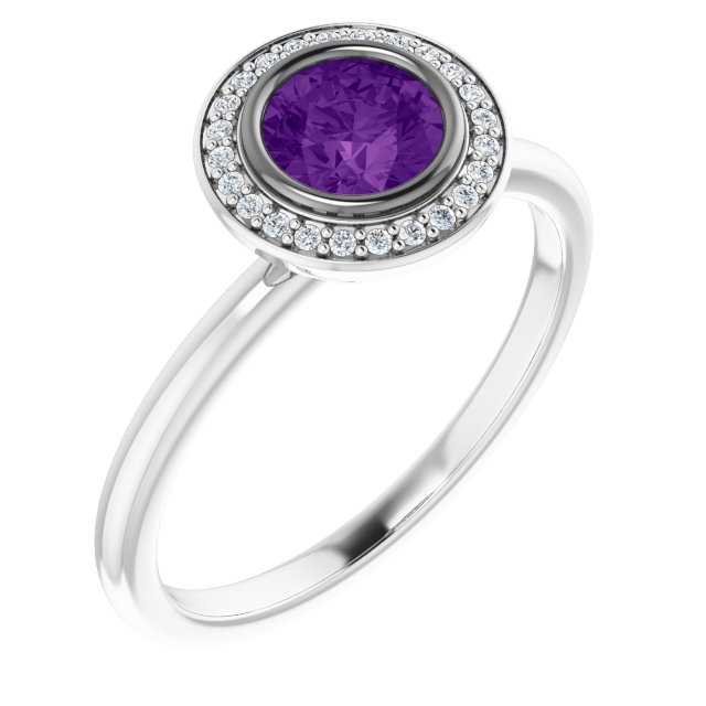 14K Gold Round Natural Amethyst & Natural Diamond Bezel-Set Halo-Style Ring - Rose Gold - view 4