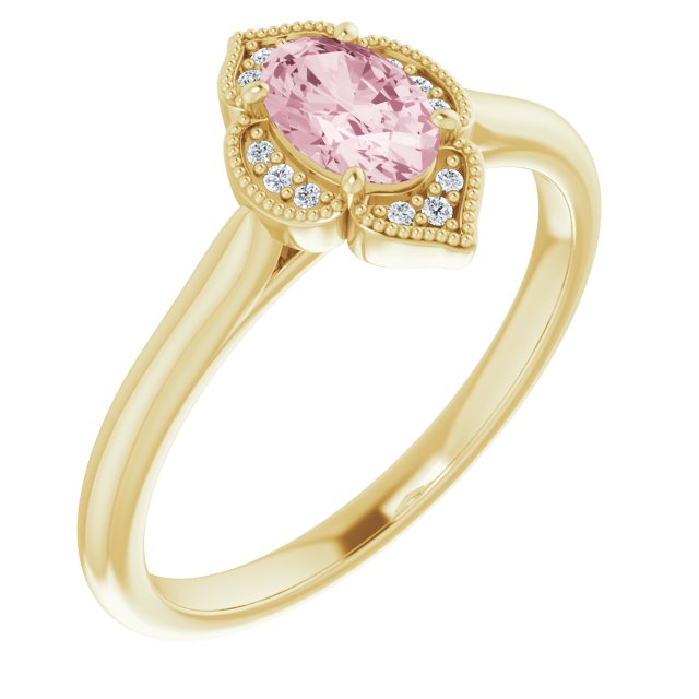 14K Gold Oval Natural Pink Morganite & Natural Diamond Accented Vintage-Inspired Ring - Yellow Gold