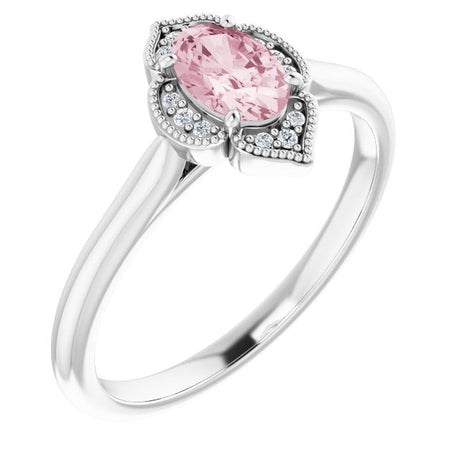 Platinum Oval Natural Pink Morganite & Natural Diamond Accented Vintage-Inspired Ring