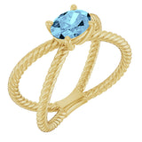 14K Gold Oval Natural Aquamarine Solitaire Criss-Cross Rope Ring - Yellow Gold