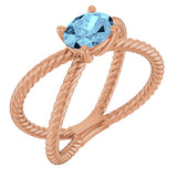 14K Gold Oval Natural Aquamarine Solitaire Criss-Cross Rope Ring - Rose Gold