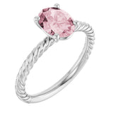 14K Gold Oval Natural Pink Morganite Rope Solitaire Ring - White Gold