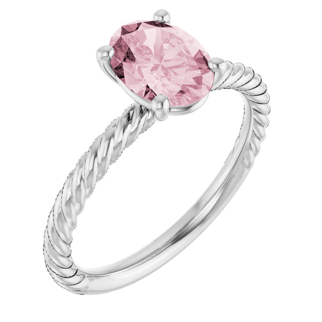 14K Gold Oval Natural Pink Morganite Rope Solitaire Ring - White Gold
