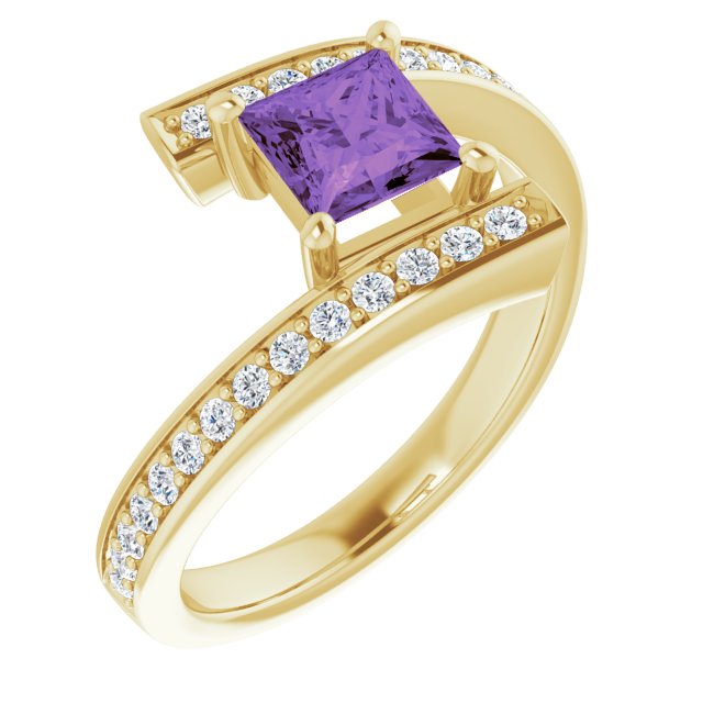 14K Gold Square Natural Amethyst & Natural Diamond Accented Bypass Ring - Yellow Gold