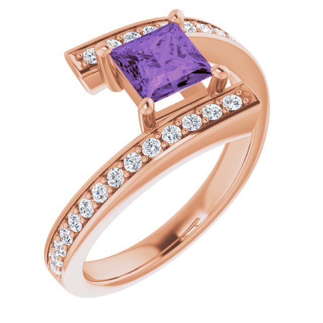 14K Gold Square Natural Amethyst & Natural Diamond Accented Bypass Ring - Rose Gold