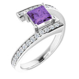 14K Gold Square Natural Amethyst & Natural Diamond Accented Bypass Ring - White Gold