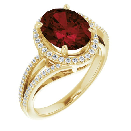 14K Gold Oval Natural Mozambique Garnet & Natural Diamond Halo-Style Ring – 10mm Stones - Yellow Gold