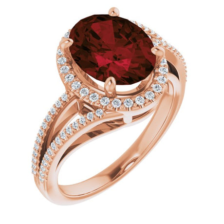 14K Gold Oval Natural Mozambique Garnet & Natural Diamond Halo-Style Ring – 10mm Stones - Rose Gold
