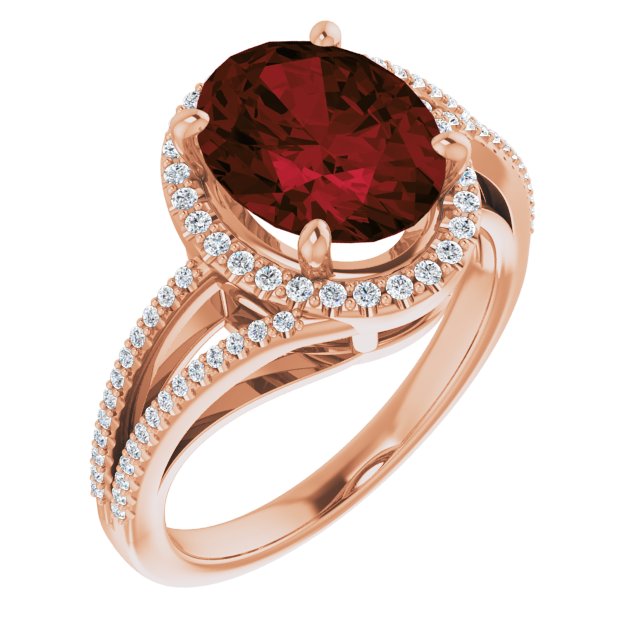 14K Gold Oval Natural Mozambique Garnet & Natural Diamond Halo-Style Ring – 10mm Stones - Rose Gold