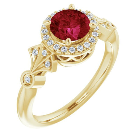 14K Gold Round Lab-Grown Ruby & Natural Diamond Halo-Style Ring – 6mm Stones - Yellow Gold