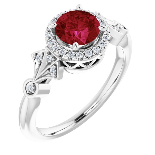 Platinum Round Lab-Grown Ruby & Natural Diamond Halo-Style Ring