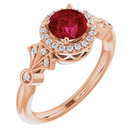 14K Gold Round Lab-Grown Ruby & Natural Diamond Halo-Style Ring – 6mm Stones - Rose Gold