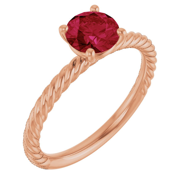 14K Gold Round Lab-Grown Ruby Rope Solitaire Ring – 6mm Stones - Rose Gold