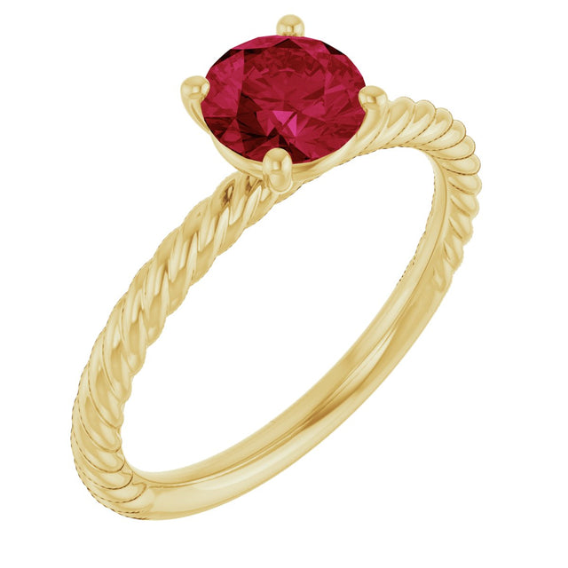 14K Gold Round Lab-Grown Ruby Rope Solitaire Ring – 6mm Stones - Yellow Gold