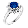 14K Gold Round Lab-Grown Blue Sapphire & Natural Diamond Halo-Style Ring – 6.5mm Stones - White Gold