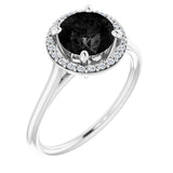 14K Gold Round Natural Black Onyx & Natural Diamond Halo-Style Ring - White Gold