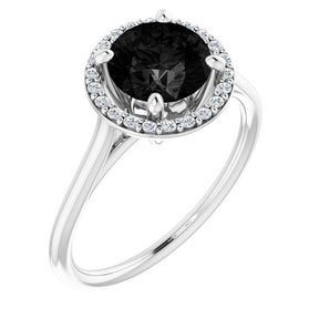 14K Gold Round Natural Black Onyx & Natural Diamond Halo-Style Ring - White Gold