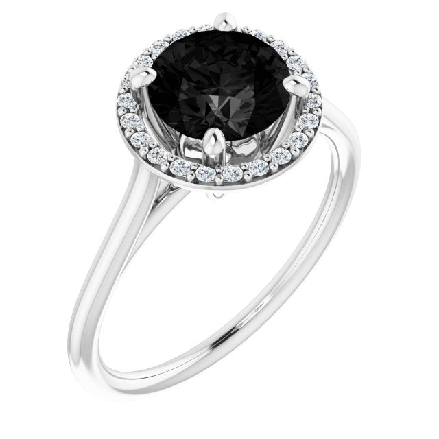 14K Gold Round Natural Black Onyx & Natural Diamond Halo-Style Ring - White Gold