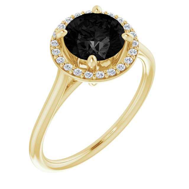 14K Gold Round Natural Black Onyx & Natural Diamond Halo-Style Ring - Yellow Gold