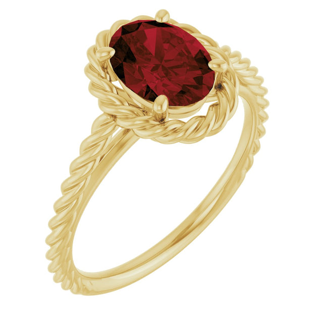 14K Gold Oval Natural Mozambique Garnet Solitaire Rope Ring - Yellow Gold