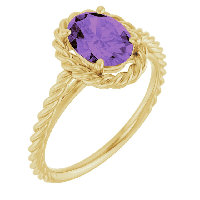 14K Gold Oval Natural Amethyst Solitaire Rope Ring - Yellow Gold