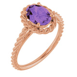 14K Gold Oval Natural Amethyst Solitaire Rope Ring - Rose Gold