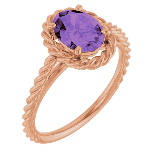 14K Gold Oval Natural Amethyst Solitaire Rope Ring - Rose Gold