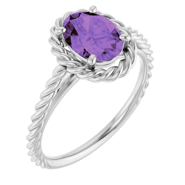 Platinum Oval Natural Amethyst Solitaire Rope Ring