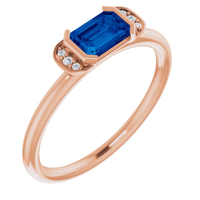 14K Gold Emerald Natural Blue Sapphire & Natural Diamond Stackable Ring - Rose Gold