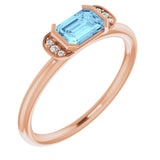 14K Gold Emerald Natural Aquamarine & Natural Diamond Stackable Ring - Rose Gold