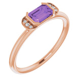 14K Gold Emerald Natural Amethyst & Natural Diamond Stackable Ring - Rose Gold