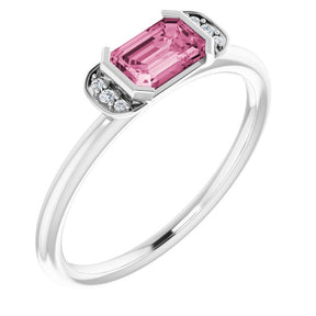 Platinum Emerald Natural Pink Tourmaline & Natural Diamond Stackable Ring