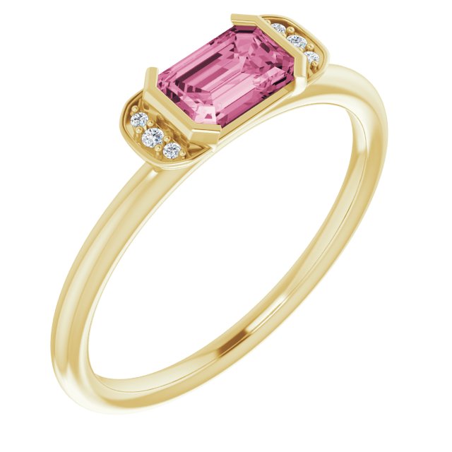 14K Gold Emerald Natural Pink Tourmaline & Natural Diamond Stackable Ring - Yellow Gold
