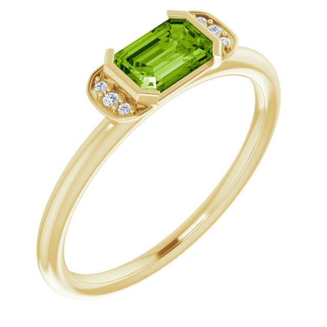 14K Gold Emerald Natural Peridot & Natural Diamond Stackable Ring - Yellow Gold