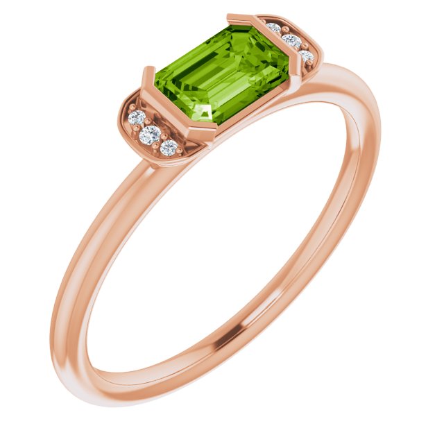 14K Gold Emerald Natural Peridot & Natural Diamond Stackable Ring - Rose Gold
