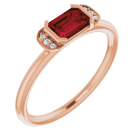 14K Gold Emerald Natural Mozambique Garnet & Natural Diamond Stackable Ring - Rose Gold