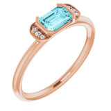 14K Gold Emerald Natural Blue Zircon & Natural Diamond Stackable Ring - Rose Gold