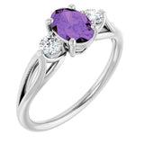 14K Gold Oval Natural Amethyst & Natural Diamond Sculptural Three-Stone Ring