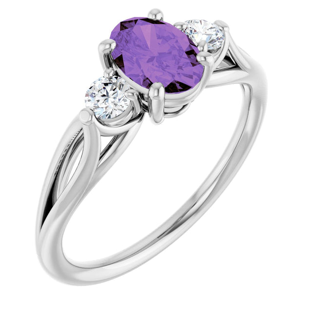 14K Gold Oval Natural Amethyst & Natural Diamond Sculptural Three-Stone Ring