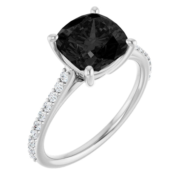 14K Gold Cushion Natural Black Onyx & Natural Diamond Accented Cathedral-Style Ring - White Gold