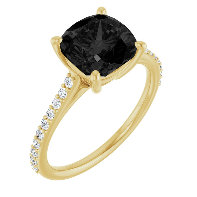14K Gold Cushion Natural Black Onyx & Natural Diamond Accented Cathedral-Style Ring - Yellow Gold