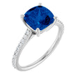14K Gold Cushion Lab-Grown Blue Sapphire & Natural Diamond Accented Cathedral-Style Ring