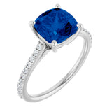 14K Gold Cushion Lab-Grown Blue Sapphire & Natural Diamond Accented Cathedral-Style Ring