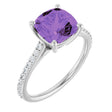 14K Gold Cushion Natural Amethyst & Natural Diamond Accented Cathedral-Style Ring - White Gold