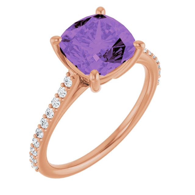 14K Gold Cushion Natural Amethyst & Natural Diamond Accented Cathedral-Style Ring - Rose Gold