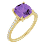 14K Gold Cushion Natural Amethyst & Natural Diamond Accented Cathedral-Style Ring - Yellow Gold